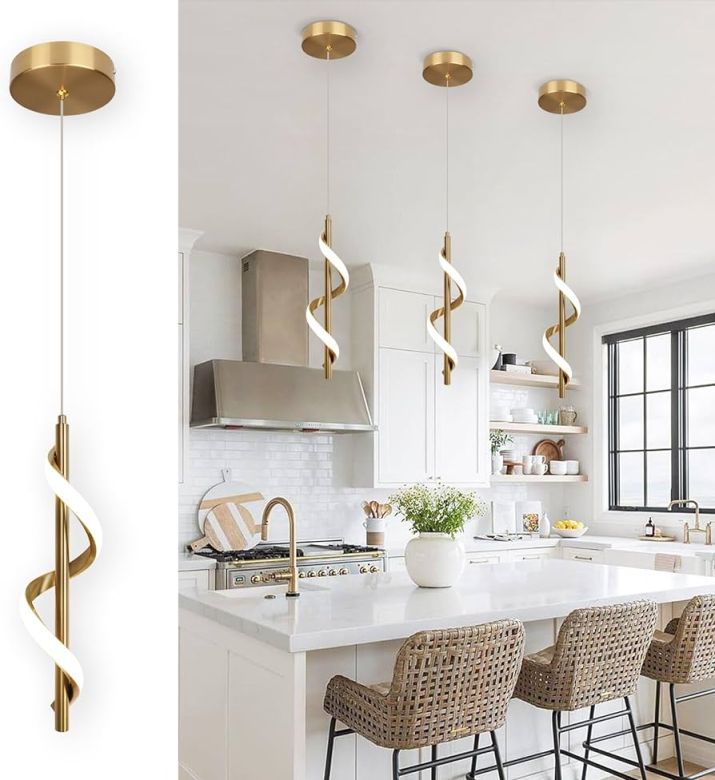 CANEOE Gold Pendant Light, Spiral Modern Led Pendant Lighting for Kitchen  Island, K Brushed Brass Ceiling Hanging Light Fixture for Dining Room