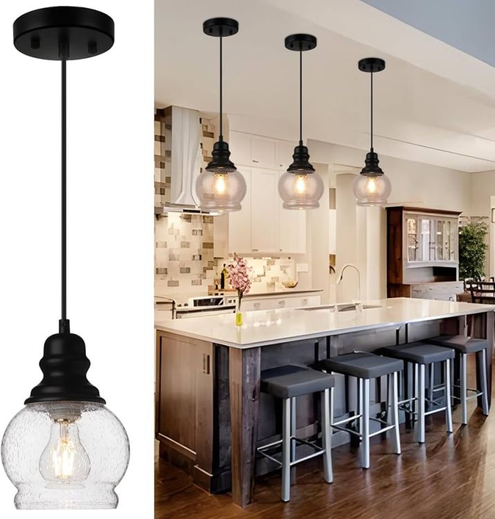 WILON Kitchen Island Light Fixtures, Black Pendant Light with Seeded Glass  Shade Mini Pendant Lighting for Kitchen Island, Farmhouse Ceiling Light for